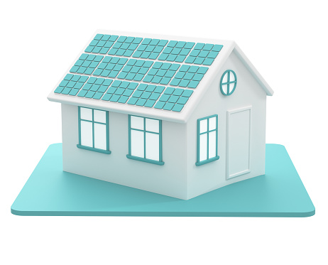 3d house with solar panels icon. Smart renewable home energy storage, eco, green energy, solar energy panel, sustainability concept. 3d render illustration.