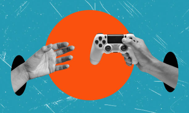 Art collage, the hand with the game joystick reaching for another hand on blue background.