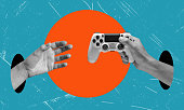 Art collage, the hand with the game joystick reaching for another hand on blue background.