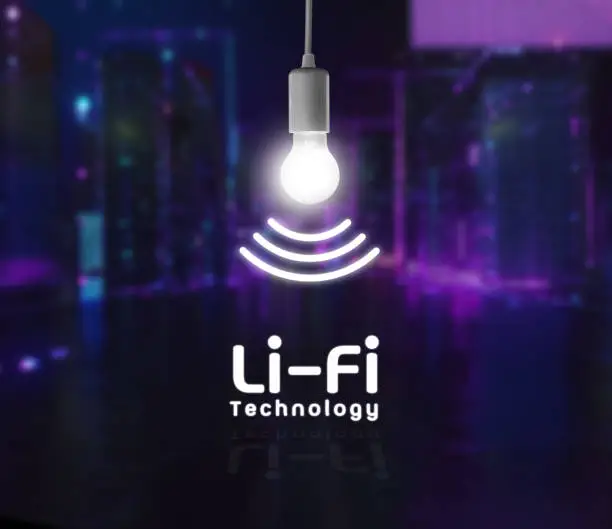 Photo of Lifi symbol with glowing bulb combined with wifi symbol and night smart city to background. Business, technology, internet and networking concept, hologram of hi-speed connection