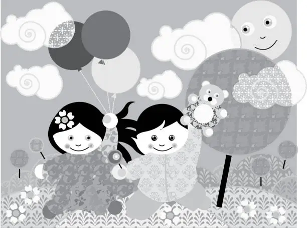 Vector illustration of A girl and a boy run and play in the forest. The boy has a teddy bear in his hand. Sun, clouds, trees, flowers and balloons in their hands.