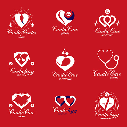 Heart shapes composed using pulsating ecg charts and phonendoscope. Disorders in cardiovascular system diagnosis clinic vector emblem for use in medical care advertisement.