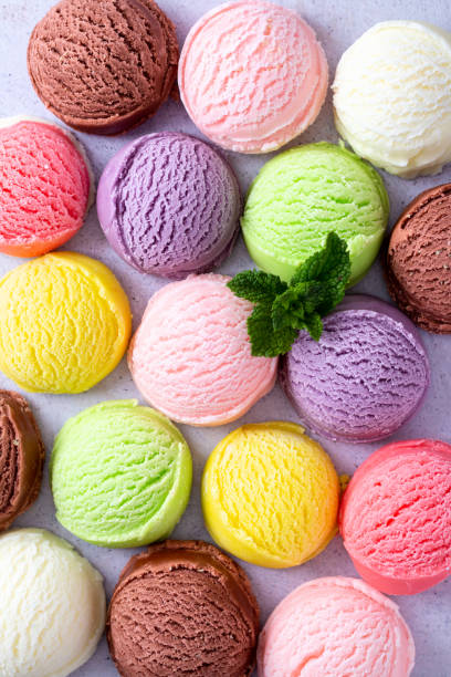 istock Pastel colored ice cream scoops and cones background on pastel violet 1600615100
