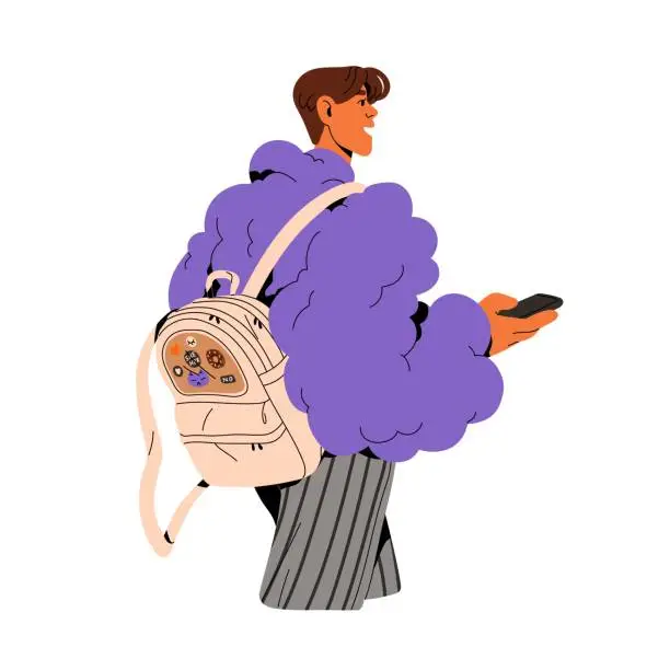 Vector illustration of People with backpack. Fashionable modern woman in plush jacket wears bag with patches, back view. Student walking in city in casual urban style. Flat isolated vector illustration on white background