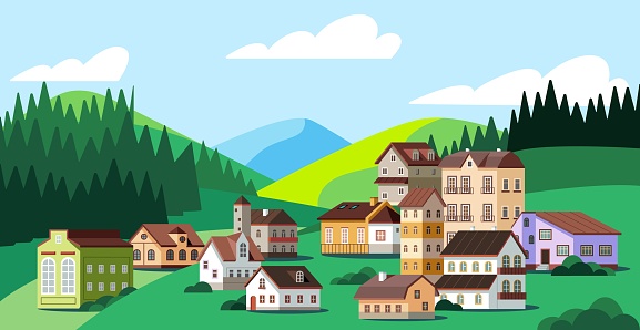 Town and nature, countryside. Country between meadows, forest, mountains, hills and sunny landscape. Village buildings with big windows and tile roof, holiday outside. Flat cartoon vector illustration.
