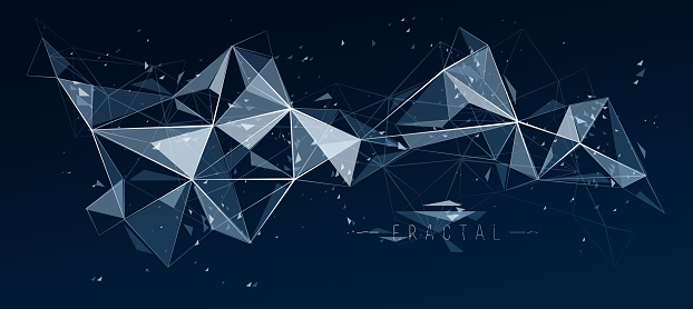 istock Low poly particles abstract vector background, polygonal fractal design, 3D dimensional element with connected lines, mesh object technology and science theme. 1600616784