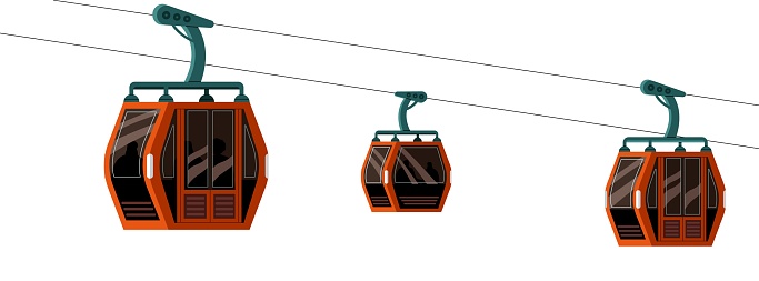 Cable cars, cabins on rope of cableway. Funicular, ski elevator lift tourists on high mountain. Air railway for season sports and recreation trip. Flat isolated vector illustration on white background.