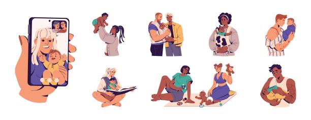 Single parents, LGBT couples with newborn babies set. Mothers, fathers, mom and dads, gay and lesbian families with infant child, kids. Flat vector illustrations isolated on white background Single parents, LGBT couples with newborn babies set. Mothers, fathers, mom and dads, gay and lesbian families with infant child, kids. Flat vector illustrations isolated on white background. gay daddy stock illustrations