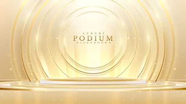 Vector illustration of Podium and gold line circle frame elements with glitter light effects decorations. Luxury background. Vector illustration.
