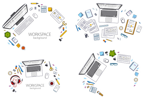 Work desks workspaces top view with PC or laptops and a lot of different stationery objects and analytics documents on tables, look above. All elements are easy to use separately. Vector set.