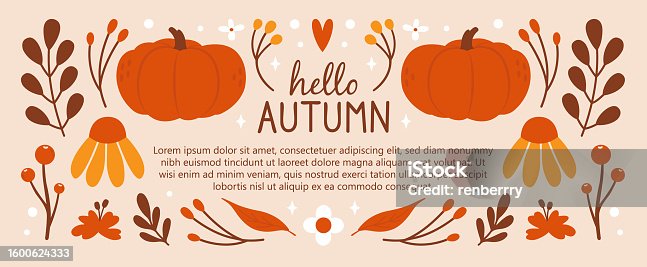 istock Banner template design with flat cute illustrations of autumn leaves, pumpkins, flowers, branches, berries, hearts, stars. Autumnal frame, cover, web, sale banner of floral, botanical elements. 1600624333