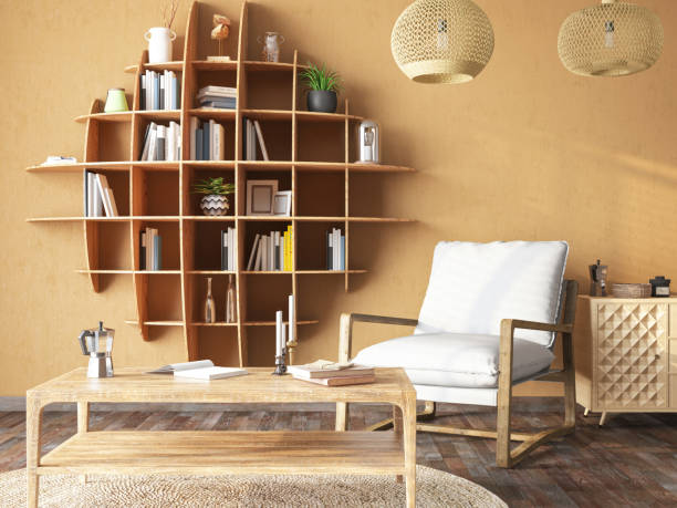 istock Scandinavian Style Cozy Room with a Geometric Design Book Shelf 1600624877