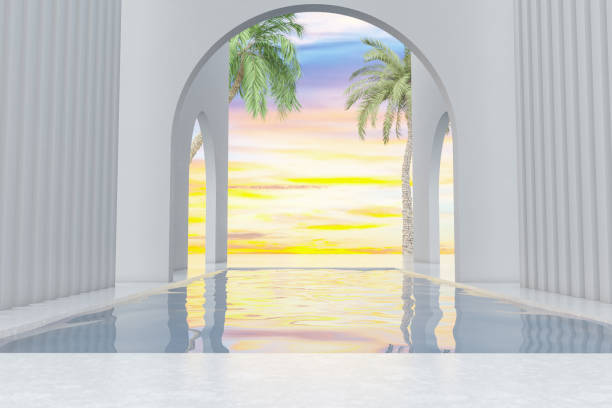 istock Tranquil Scene Pool with Arch and Sunset 1600625985
