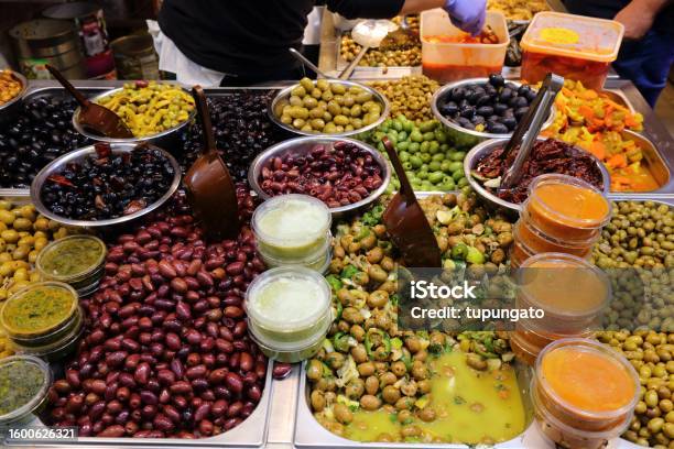 Olives At A Market In Israel Stock Photo - Download Image Now - Black Color, Black Olive, City