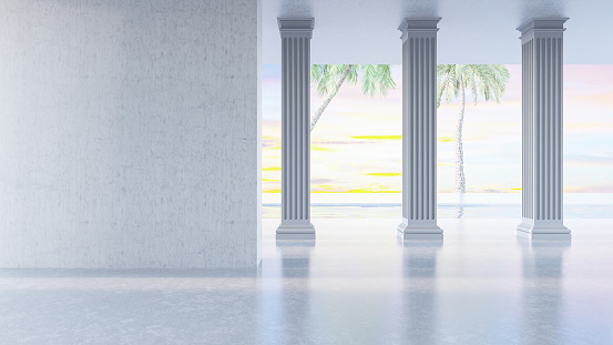 Empty White Interior with a Concrete Wall and Columns. 3D Render