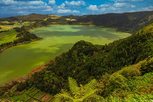 A stunning aerial view of a tranquil emerald green lake tucked between lush rolling hills and majestic snow-capped mountains