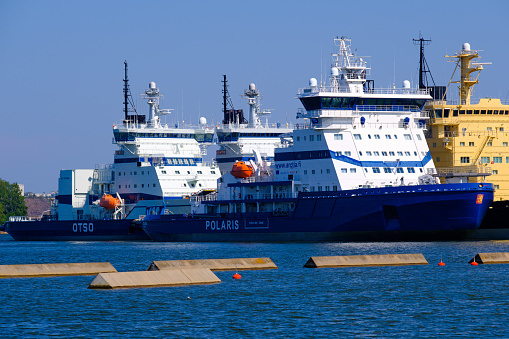 Helsinki / Finland - JUNE 27, 2023: Finnish ice breakers, operated by state owned Arctia LTD, moored at Katajanokka port.