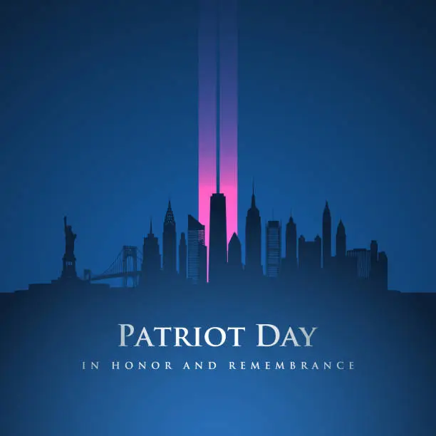 Vector illustration of Patriot Day 911. Blue Background with New York City Silhouette. Glowing Pink beams in the form of twin towers. Stock vector illustration.