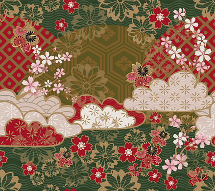 Japanese spring clouds and cherry blossom flowers. Traditional gold, red and green colored pattern design.