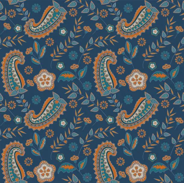 Vector illustration of Paisley floral pattern in blue and orange color. Ornate damask fabric swatch.