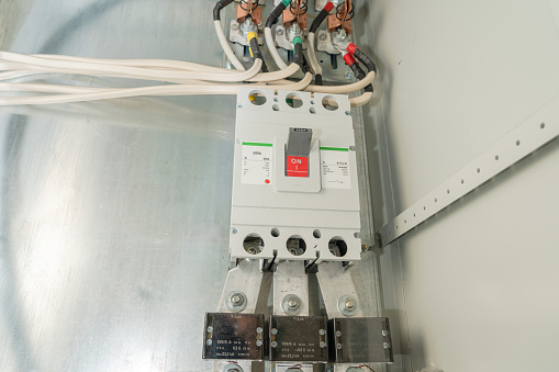 Electric control panel enclosure closeup. An electrical voltage.