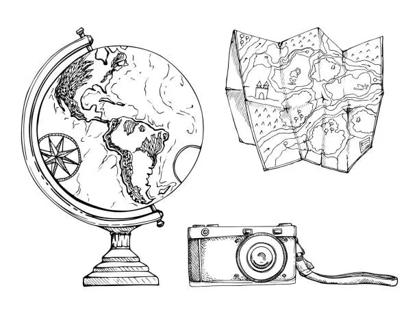 Vector illustration of Ink hand drawn vector graphic outline sketch. Tourist accessories set, old vintage photo camera, globe, unfolded navigation paper map. Design for tourism, travel, brochure, guide, print, card tattoo.