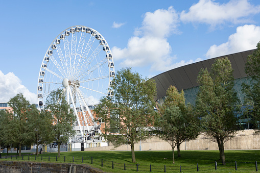 Liverpool, united kingdom May, 16, 2023 Ferris wheel of Liverpool is located near Echo Arena on Liverpool waterfront at Albert Dock