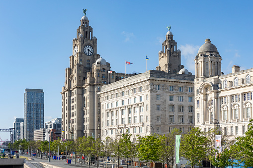 Liverpool, united kingdom May, 16, 2023 Pier Head and The Three Graces, consist of the Royal Liver Building, The Cunard Building and the Port of Liverpool Building