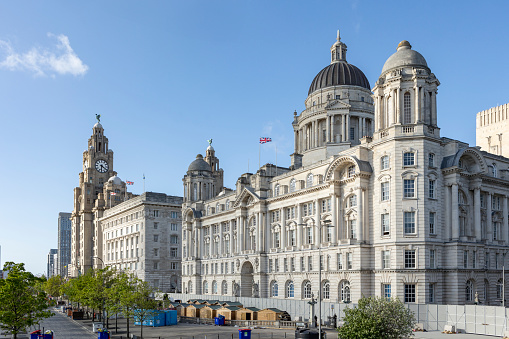 Liverpool, united kingdom May, 16, 2023 Pier Head and The Three Graces, consist of the Royal Liver Building, The Cunard Building and the Port of Liverpool Building