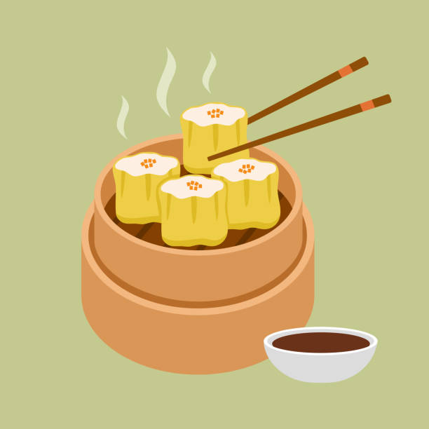 ilustraciones, imágenes clip art, dibujos animados e iconos de stock de albóndigas chinas siu mai o también llamadas shumai en un tazón de bambú con salsa plana de diseño. - shumai