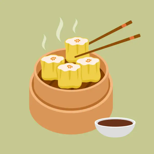 Vector illustration of Chinese dumplings Siu Mai or also called Shumai in a bamboo bowl with sauce flat design.