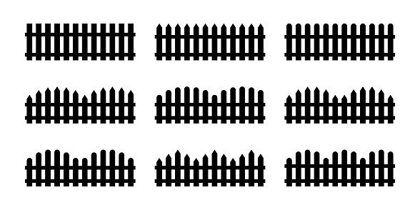 Set black silhouette picket fence repeat isolated. Vector illustration
