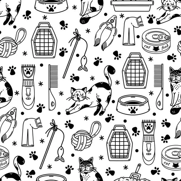 Vector illustration of Cute cats and accessories seamless vector pattern. Goods for kittens - food, toy, paw print bowl, shaver, litter box tray. Veterinary and grooming. Black and white background for poster, pet shop, web