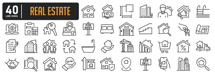Real estate minimal thin line icons. Related building, house, apartement, sale, rent, mortagage. Editable stroke. Vector illustration.