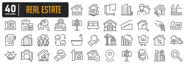 Vector illustration of Real estate minimal thin line icons. Related building, house, apartement, sale, rent, mortagage. Editable stroke. Vector illustration.