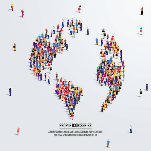 istock Globe icon or World Population concept. large group of people form to create shape globe. Vector illustration. 1600702015