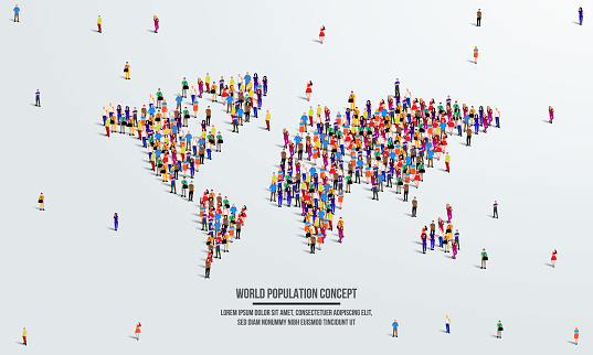 world map icon or  World Population concept. large group of people form to create shape world map. Vector illustration.