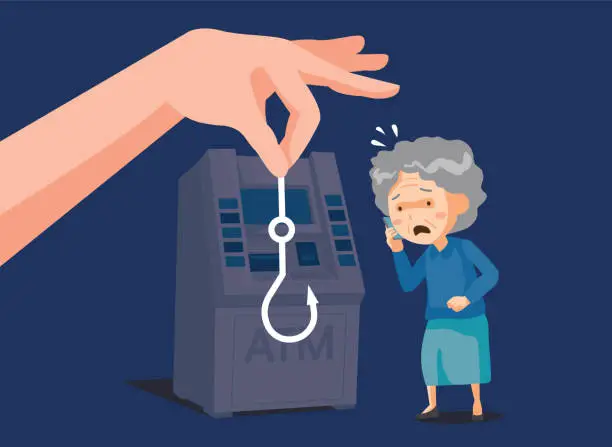 Vector illustration of Illustration of an old woman who was tricked by voice phishing standing in front of an ATM machine. She is talking on the phone with a panicked face.