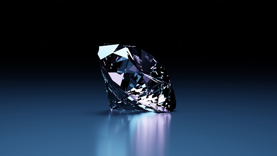 Diamonds on a dark blue background, precious jewelry stones. Glowing facets of a diamond. 3d render