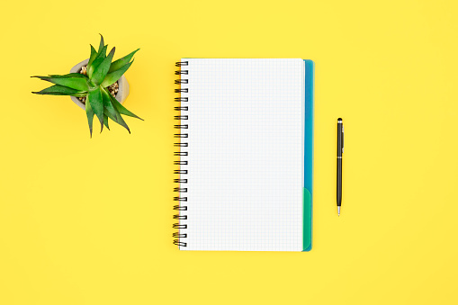Notebook and pen on a yellow background isolated, top view, copy space.