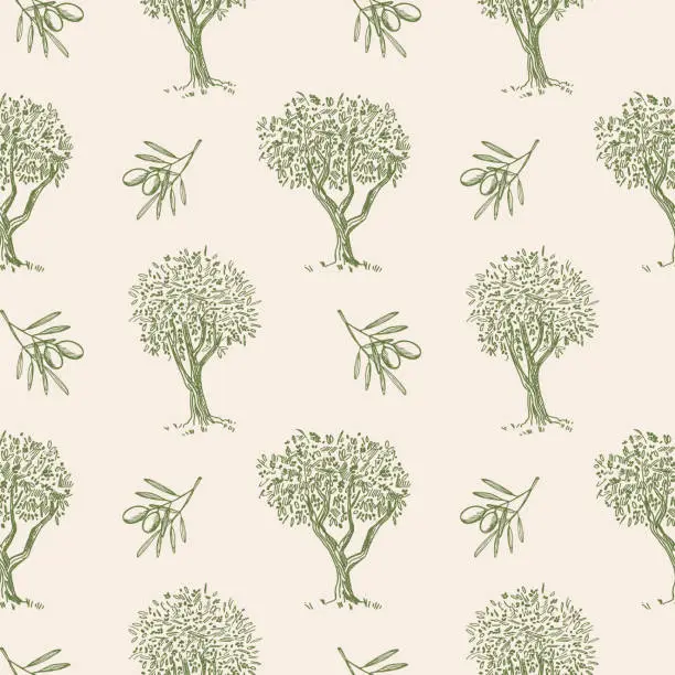 Vector illustration of Olive tree and branch with olive fruits seamless pattern. Repeating background vector illustration. Olive oil production, harvest, healthy food. For print, template, label, logo, textile, wallpaper