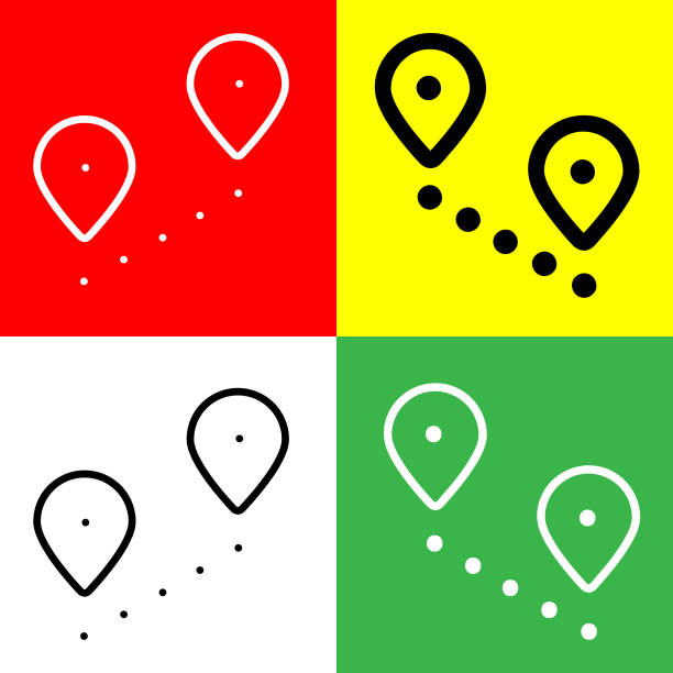 赤、黄、白、緑の背景に冒険アイコンコレクションの地図ベクター画像アイコン、アウトラインスタイルアイコン。 - circle arrow sign shape green点のイラスト素材／クリップアート素材／マンガ素材／アイコン素材
