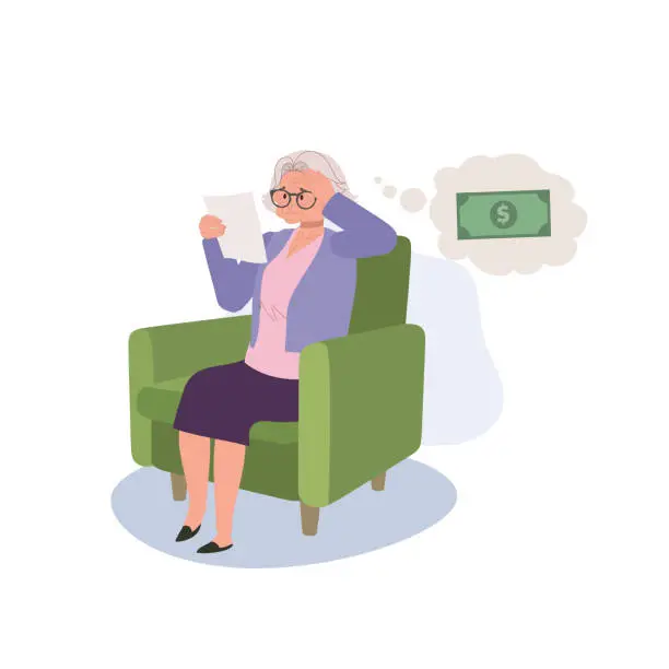 Vector illustration of Retirement Money Concerns. Elderly Woman worried and Stressed About Bills and Financial. Flat vector cartoon illustration