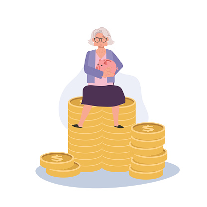 Financial Success. Happy Elderly Woman Holding Piggy Bank Sitting on Coin Stack. Flat vector cartoon illustration