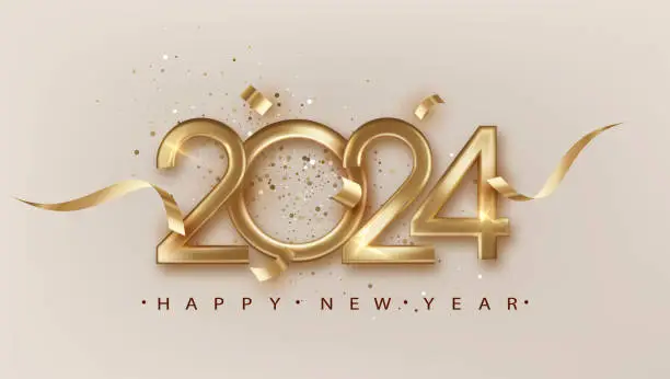Vector illustration of 2024 New Year with golden golden ribbon. Elegant festive Christmas banner with falling confetti on bright background. 2024 Golden number