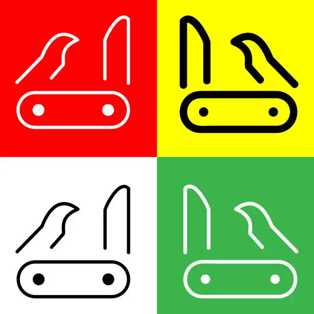 Vector illustration of Swiss army knife Vector Icon, Outline style icon, from Adventure icons collection, isolated on Red, Yellow, White and Green Background.