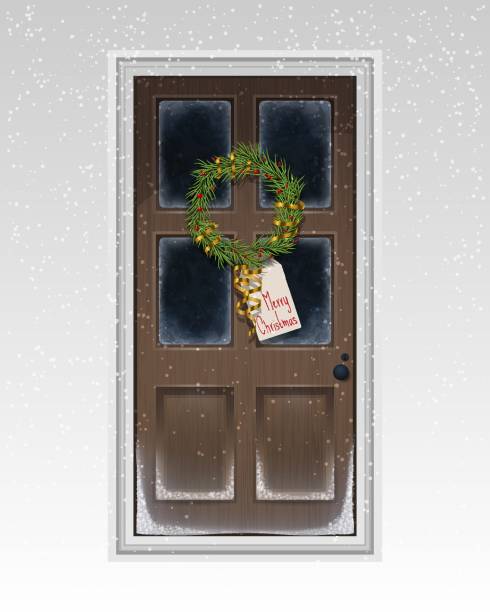 istock Brown-painted front door decorated with lighting and snowflakes and wreath. Christmas greeting card. Illustration for ad, poster, flier, blog, article, social media, marketing. 1600758867