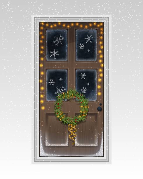 istock Brown-painted front door decorated with lighting and snowflakes and wreath. Christmas greeting card. Illustration for ad, poster, flier, blog, article, social media, marketing. 1600758877