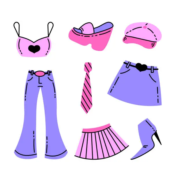 Vector illustration of Y2k glamour girl clothing set