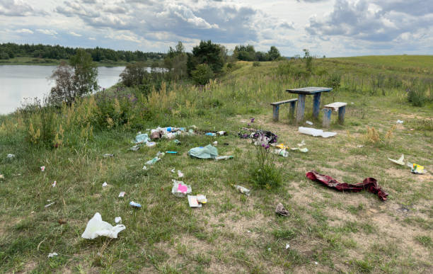 istock Garbage dump in Illegal location. People throw garbage near lake in nature. 1600784601